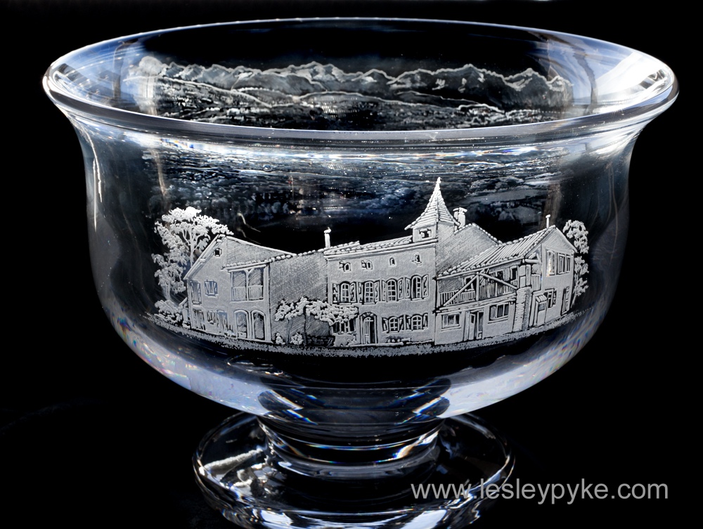 Engraved house on bowl